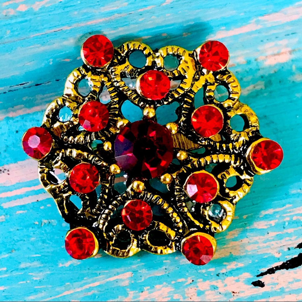 Vintage Inspired Gramacore Style Red & Gold-Tone Crystal Rhinestone Brooch Pin